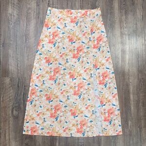 White pink Summer floral slit skirt - midi - below the knee - watercolor style
